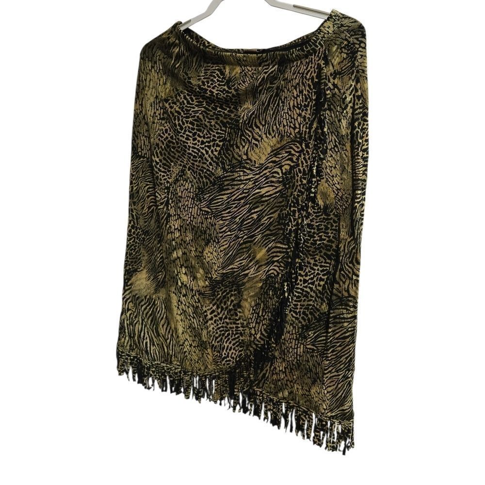 Choices Animal Print Faux Wrap Midi Skirt | Slinky Black & Gold Fringe Detail